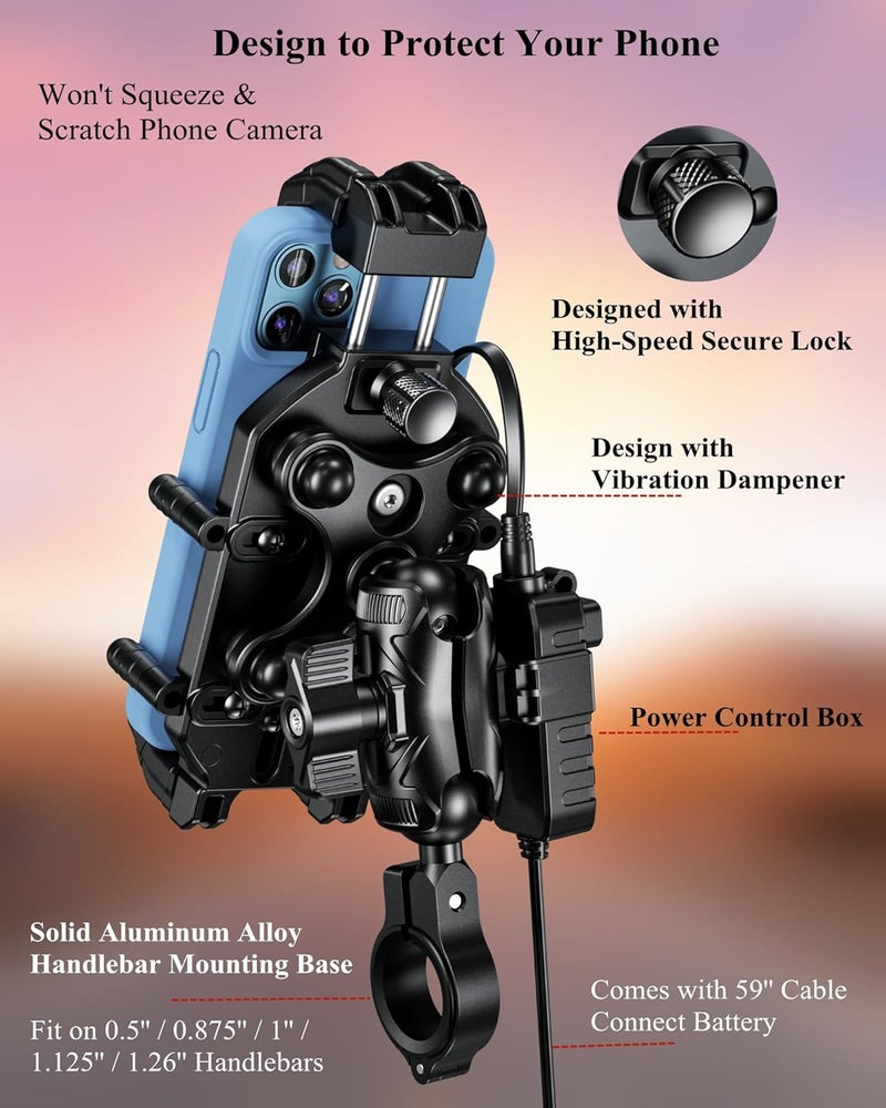 BRCOVAN Motorcycle Phone Mount Holder with Qi 15W Wireless Charger & 30W PD/USB-C Fast Charging Port, Anti-Theft Handlebar Cellphone Cradle with Vibration Dampener, Adjustable for 5.4-7.2'' Smartphone - Image 3